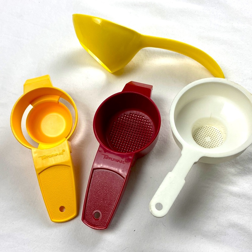 Vintage Tupperware egg scoop, egg separator, mini sifter, a bottle sieve